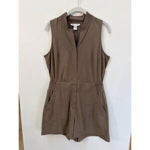 Athleta Womens Sleeveless Brown Romper With Ribbed Collar Elastic Waist & Pocket